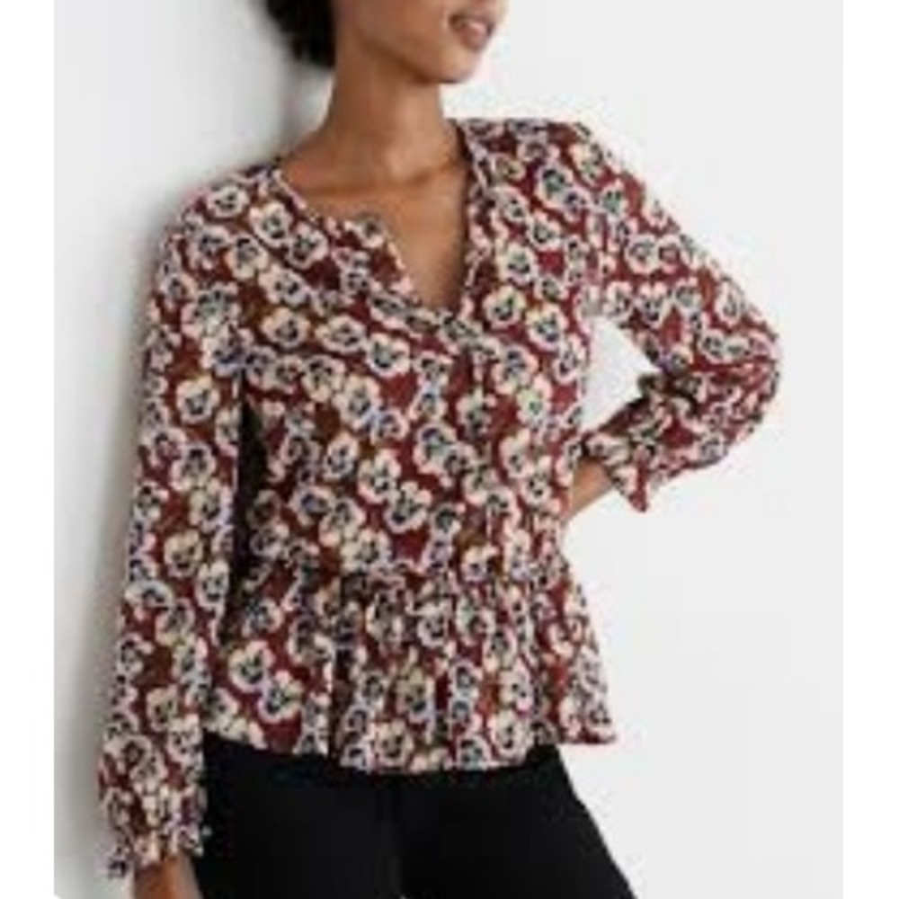 Madewell Viola Floral Drawstring Ruffle-Hem Blouse XL Burgundy Peplum Boho Fall